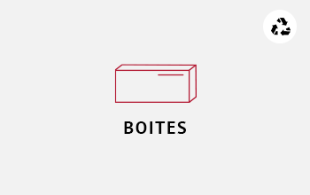 Une boîte en carton de rangement pour des lentilles de contact déstinées à la vente, sous forme de dessins avec des lignes rouges