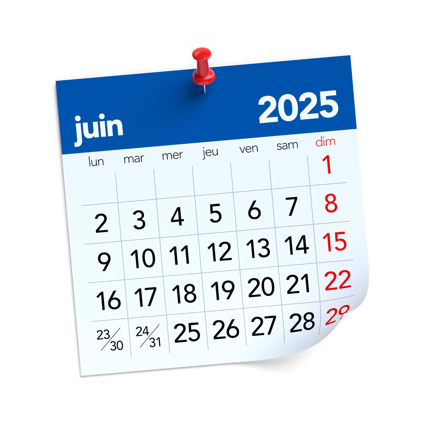 Calendrier affichant le mois de Juin 2025
